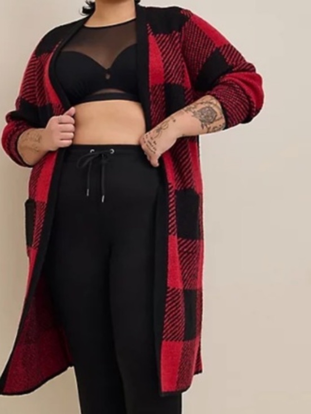 Red & Black Buffalo Plaid Long Cardigan Sweater